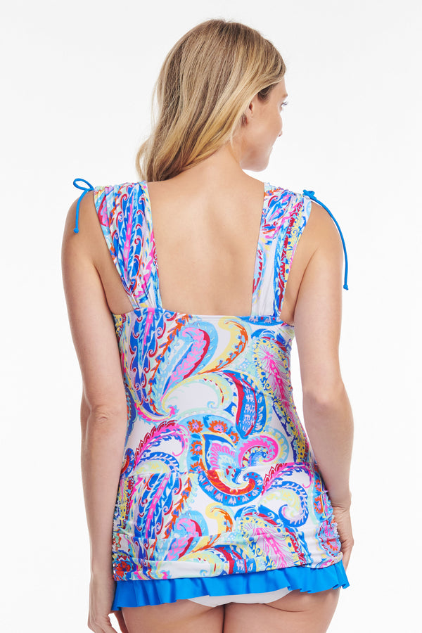 Grecian Skater Ruched One Piece Swimdress in French Paisley White