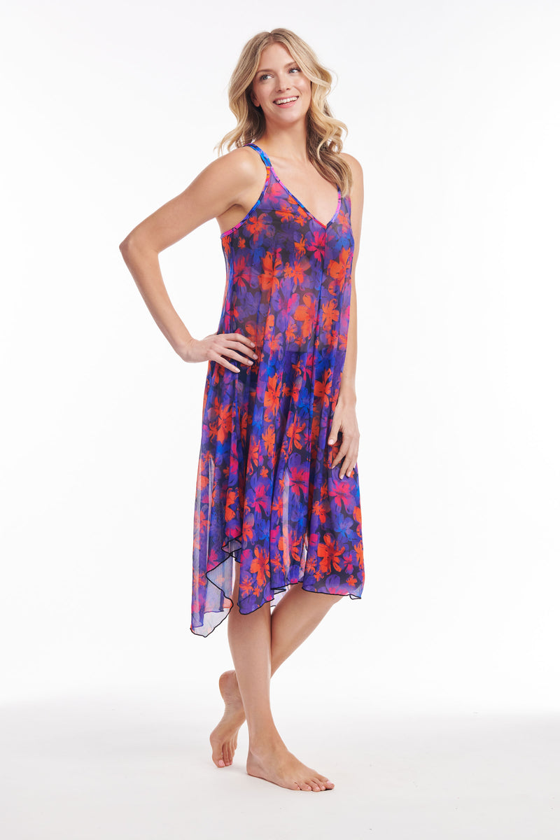 Mid Length Flowy Mesh Coverup Tank Dress in Iridescent Blooms