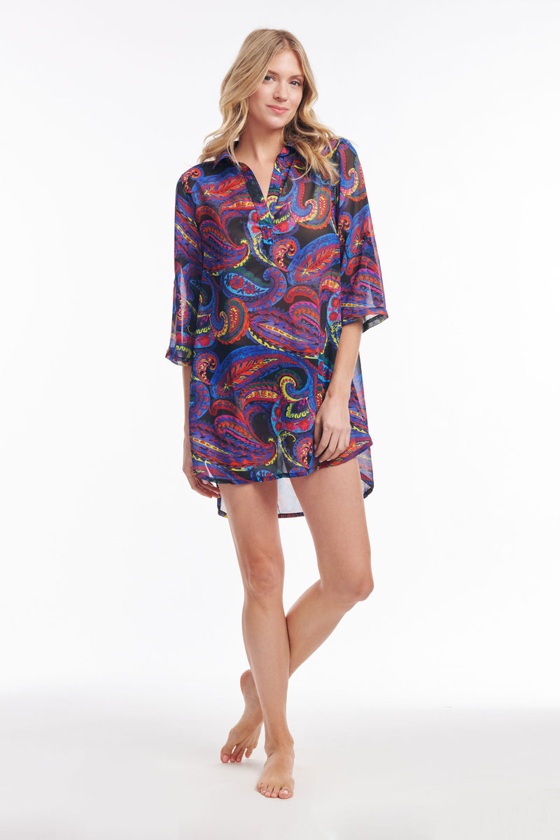 Collared Pullover Tunic Coverup in French Paisley
