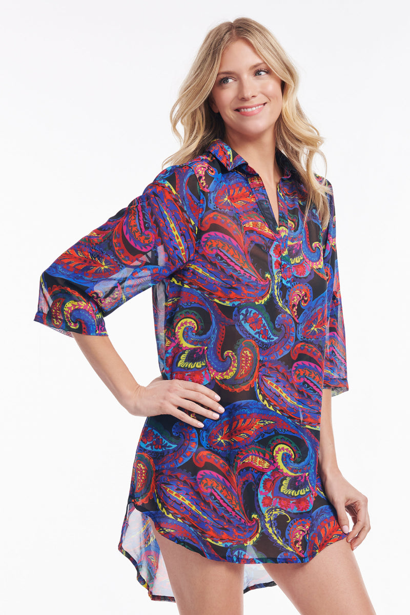 Collared Pullover Tunic Coverup in French Paisley
