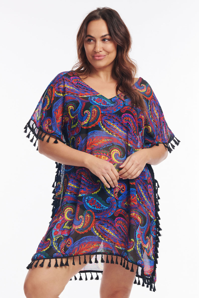 Plus Size Kaftan Coverup with Tassel Trim in French Paisley