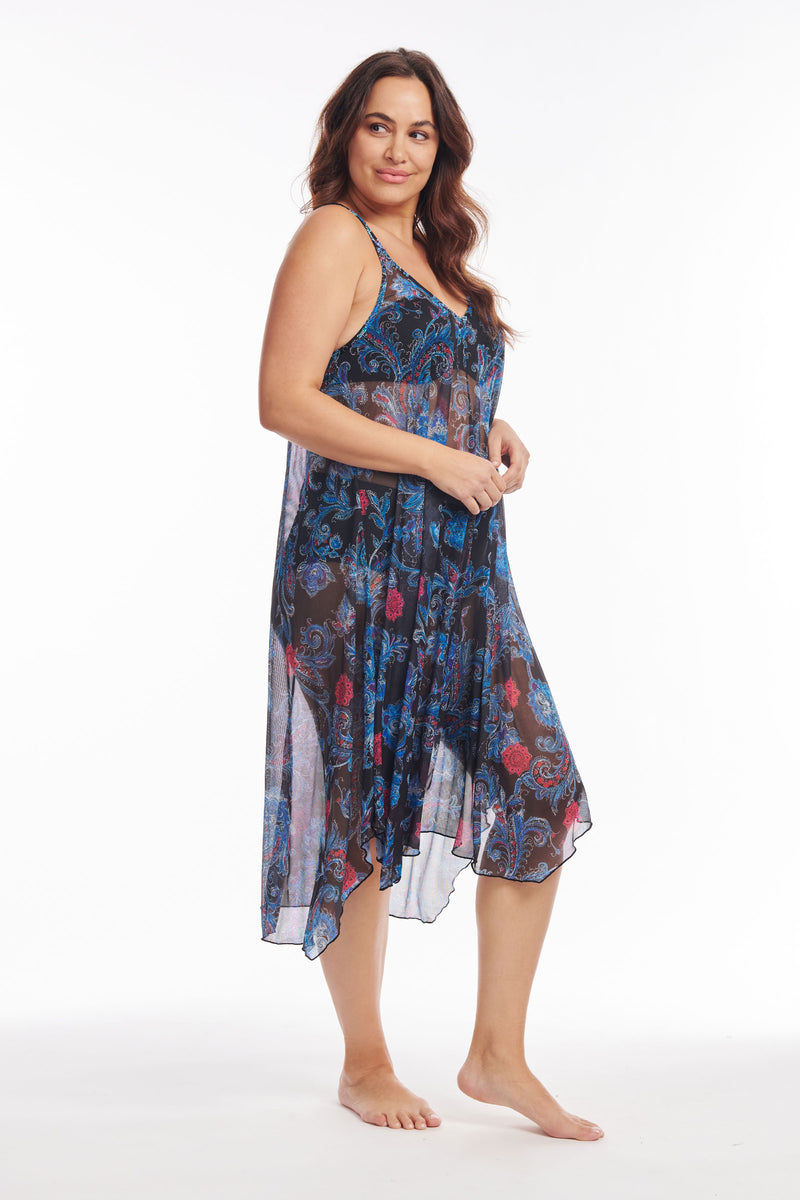 Plus Size Mid Length Flowy Mesh Coverup Tank Dress in Linework Paisley