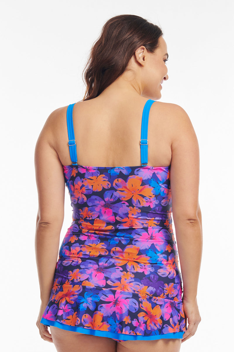 Plus Size Shirred One Piece Skater Swimdress in Iridescent Blooms
