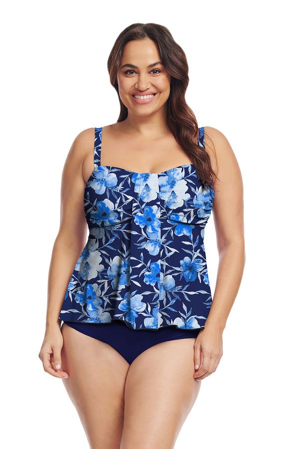 Plus Size Bandeau Tankini Swim Top with Waterfall Drape| Mazu Swim