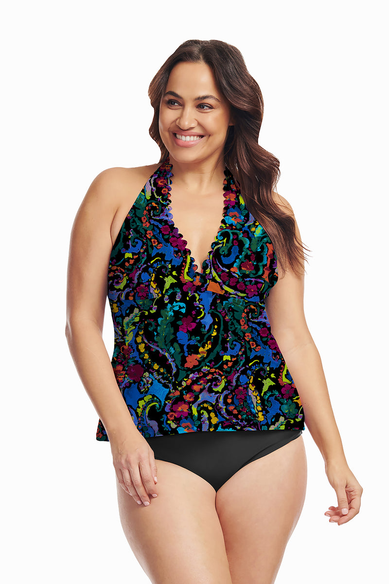 THINGS THAT MATTER×三苫愛BOLERO&TANKTOP黒 Plus Size Scallop Neckline Halter Tankini Top in Mediterranean