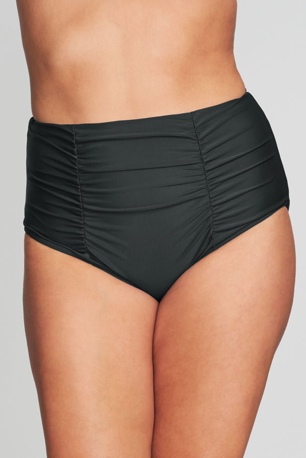 PLUS SIZE RUCHED RETRO HIGH WAIST BRIEF IN SOLID BLACK BY MAZU SWIM