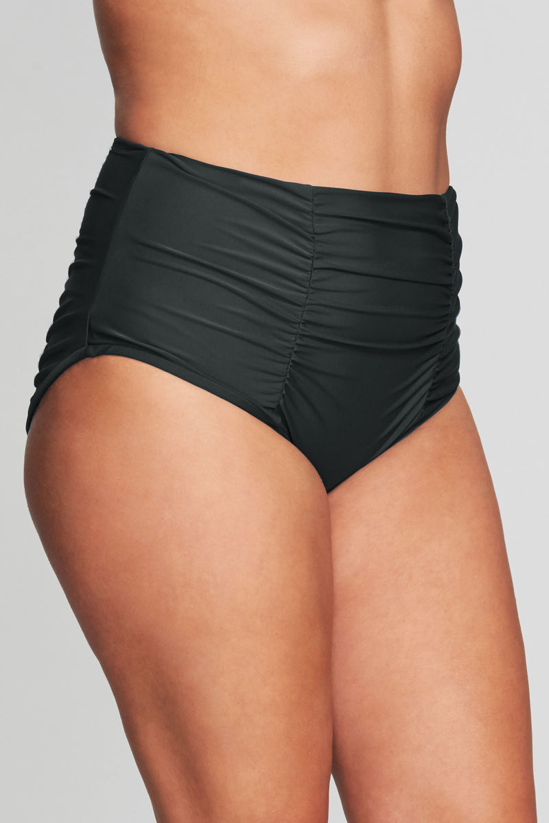 PLUS SIZE RUCHED RETRO HIGH WAIST BRIEF IN SOLID BLACK BY MAZU SWIM