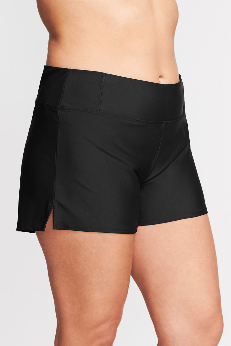 Plus Size Swim Short with Built in Brief in Solid Black
