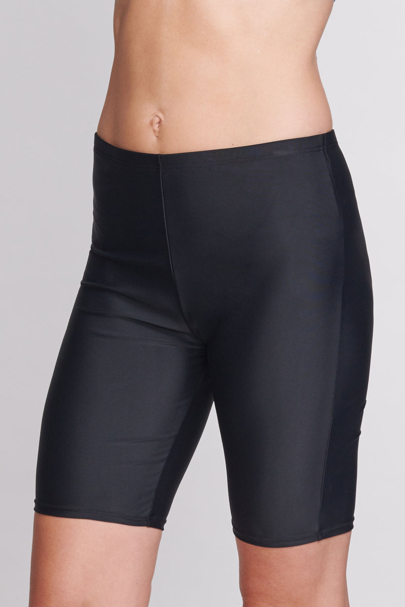 Long Length Capri Swim Short in Solid Black