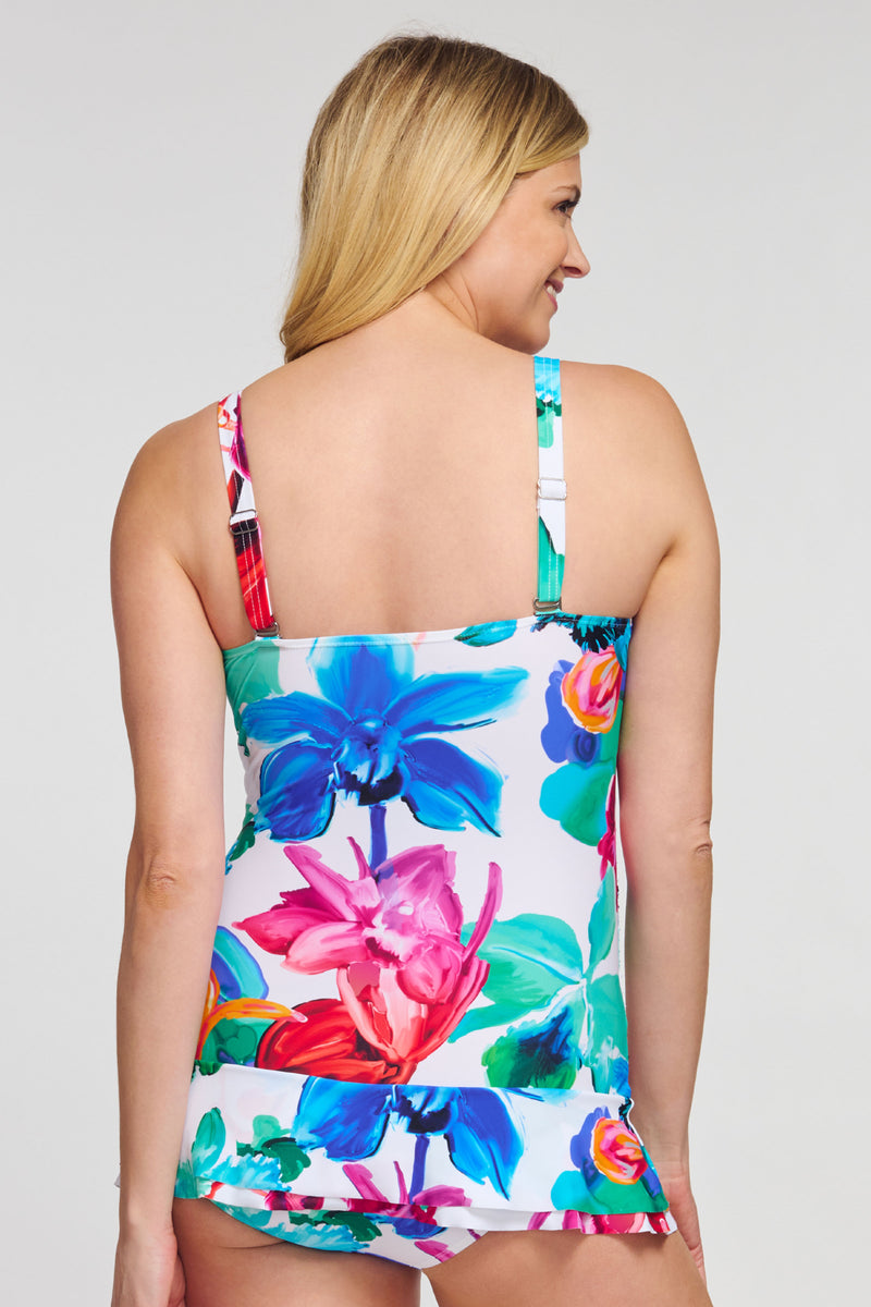 Shirred One Piece Skater Swimdress in Garden Floral White