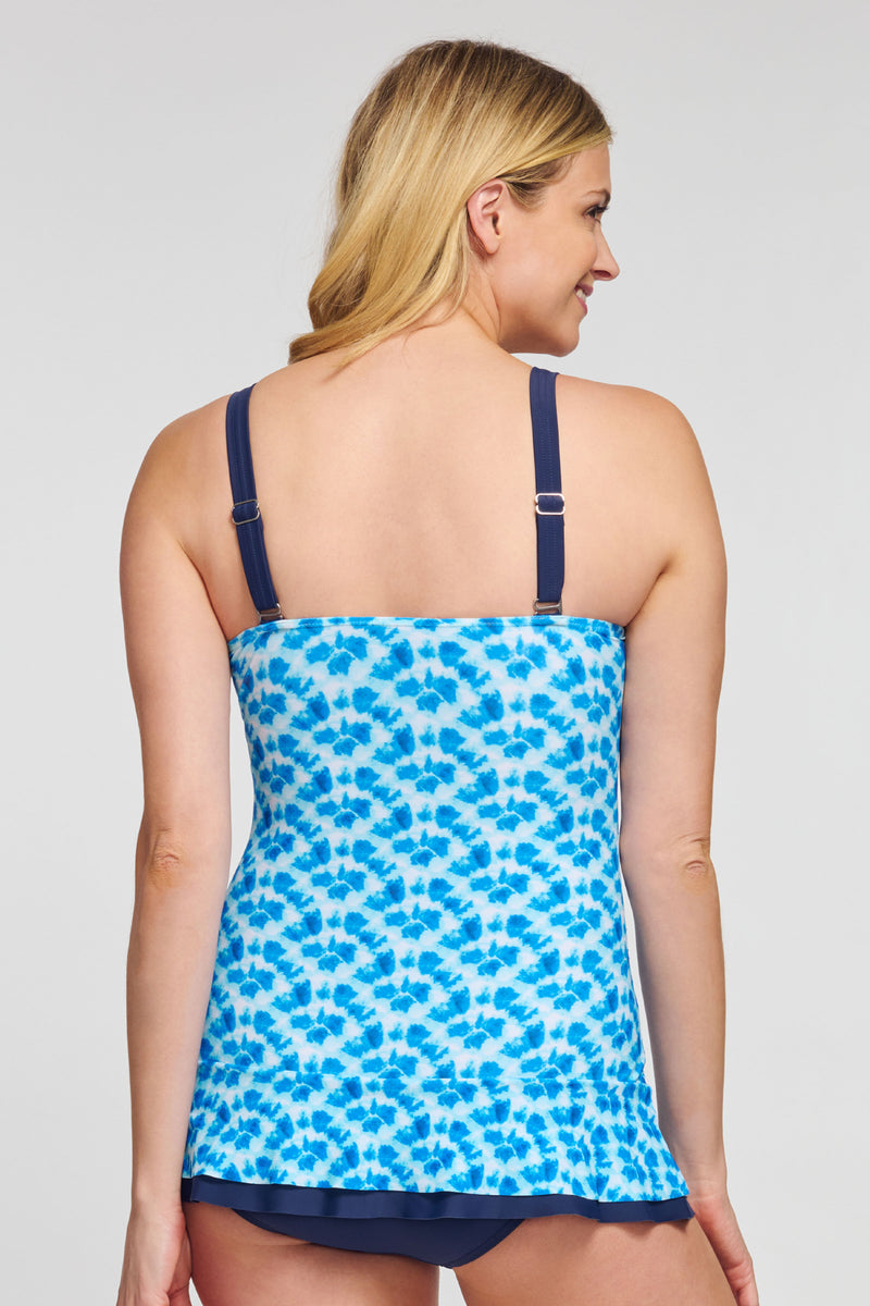 Shirred One Piece Skater Swimdress in Scalloped Tie Dye