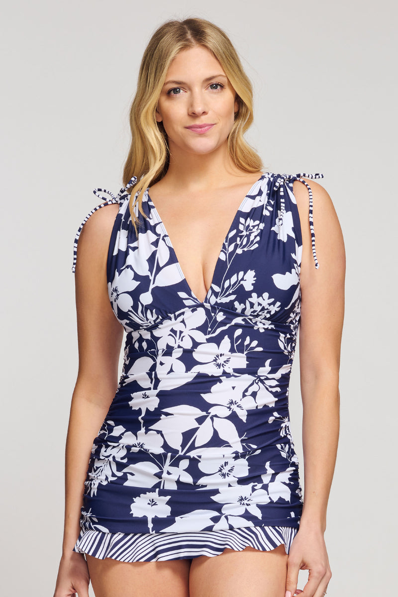 Grecian Skater Ruched One Piece Swimdress in Silhouette Floral