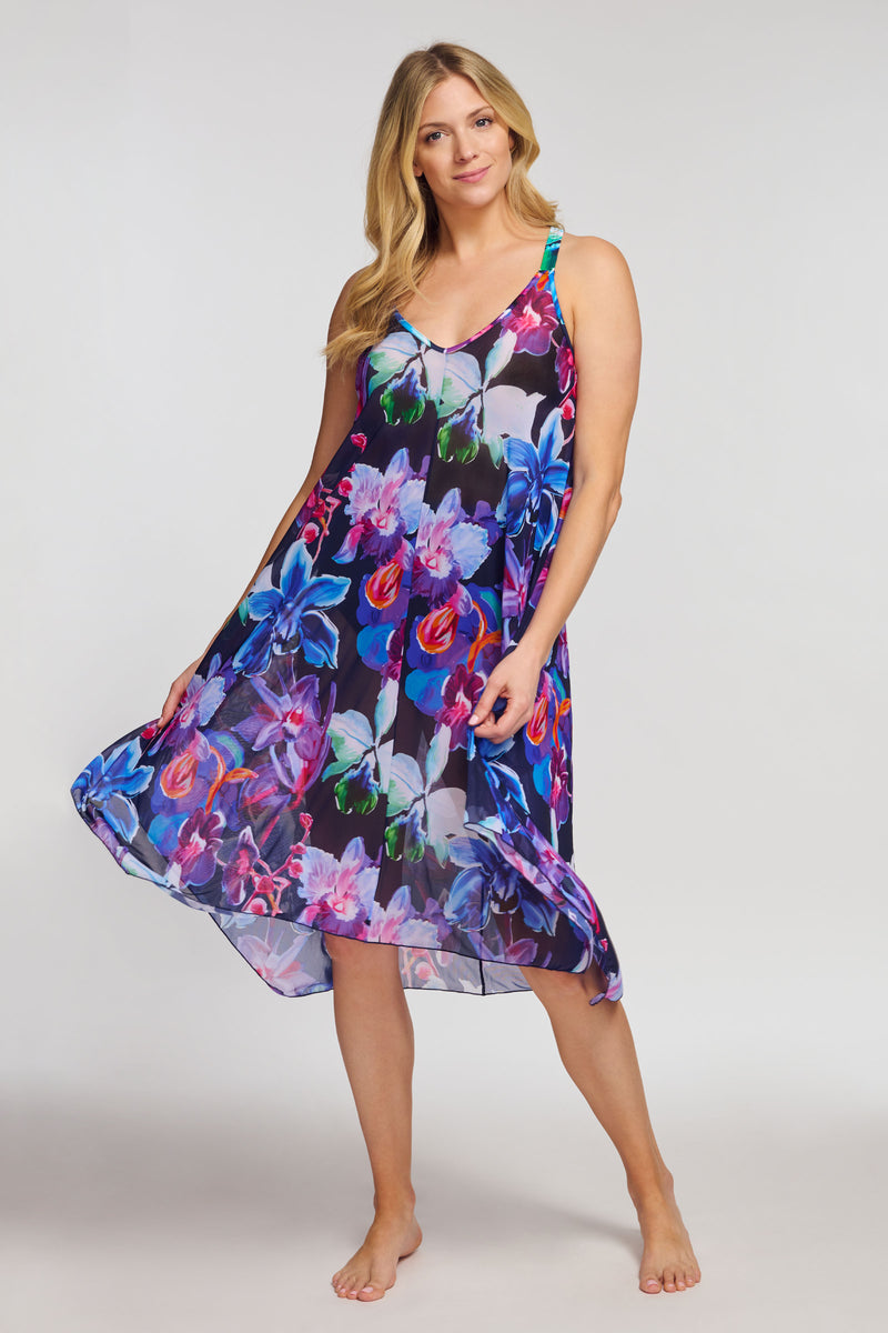Mid Length Flowy Mesh Coverup Tank Dress in Garden Floral