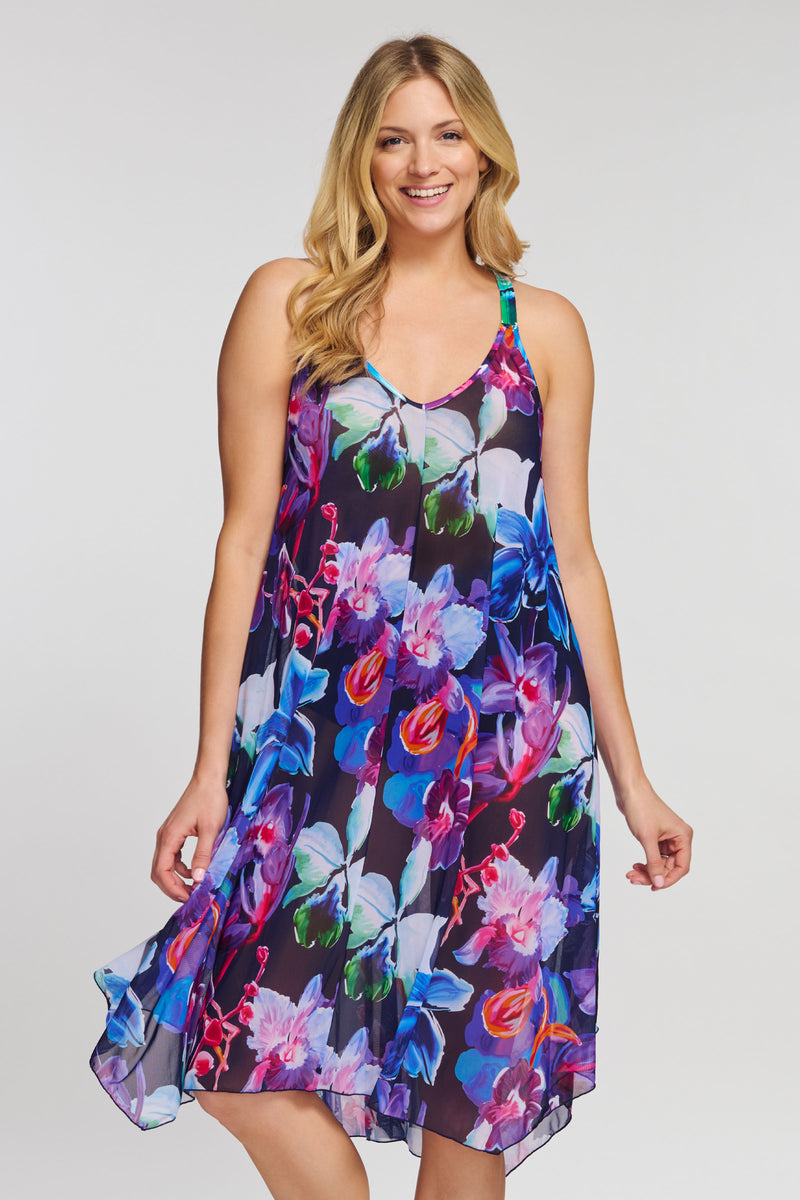 Mid Length Flowy Mesh Coverup Tank Dress in Garden Floral