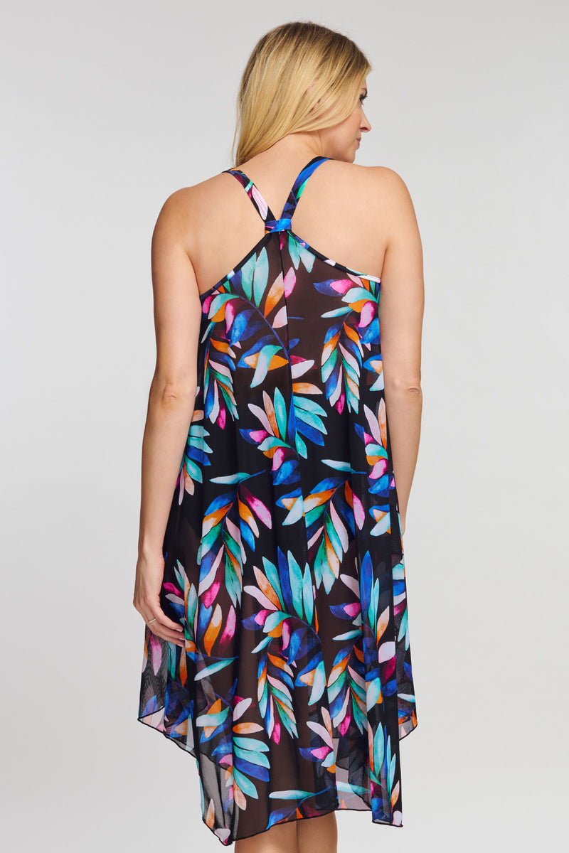 Mid Length Flowy Mesh Coverup Tank Dress in Watercolor Palm