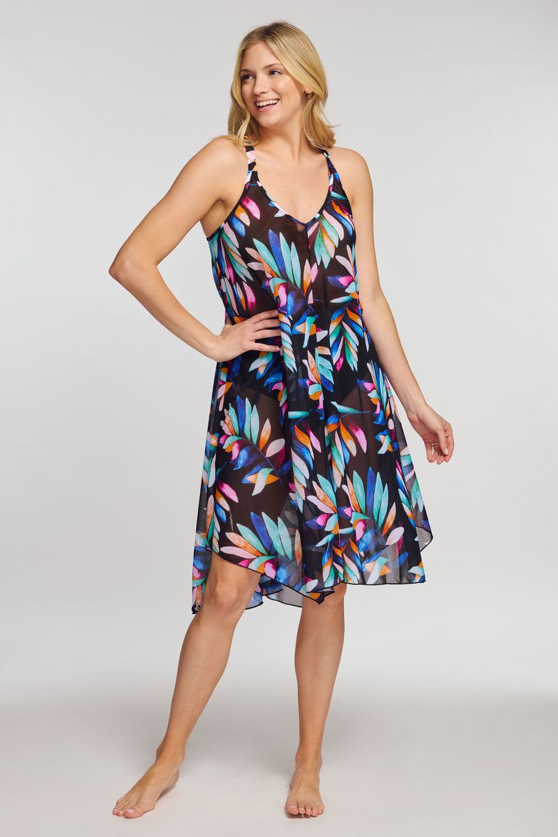 Mid Length Flowy Mesh Coverup Tank Dress in Watercolor Palm