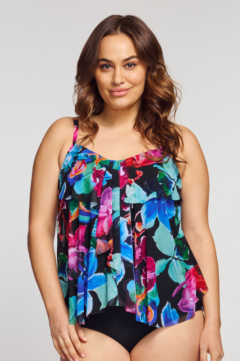 Plus Size Draped Tier Mesh Tankini Top in Garden Floral