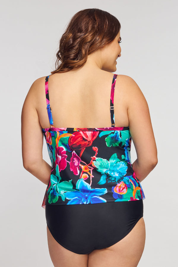 Plus Size Draped Tier Mesh Tankini Top in Garden Floral