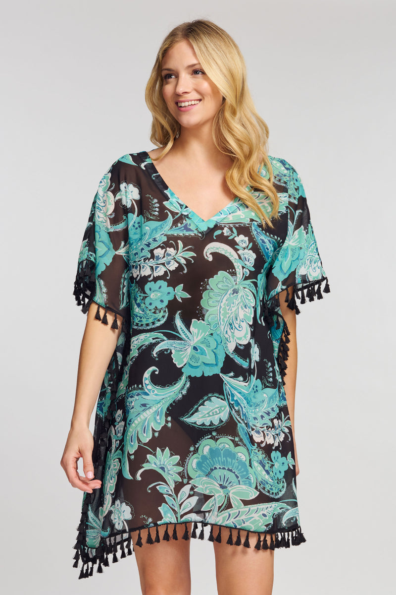 Kaftan Coverup with Tassel Trim in Floral Paisley Mint