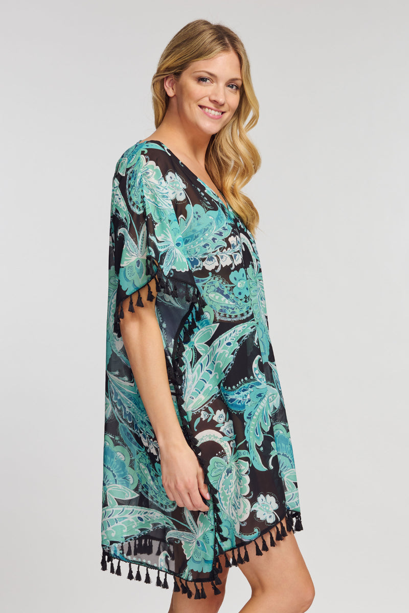 Kaftan Coverup with Tassel Trim in Floral Paisley Mint