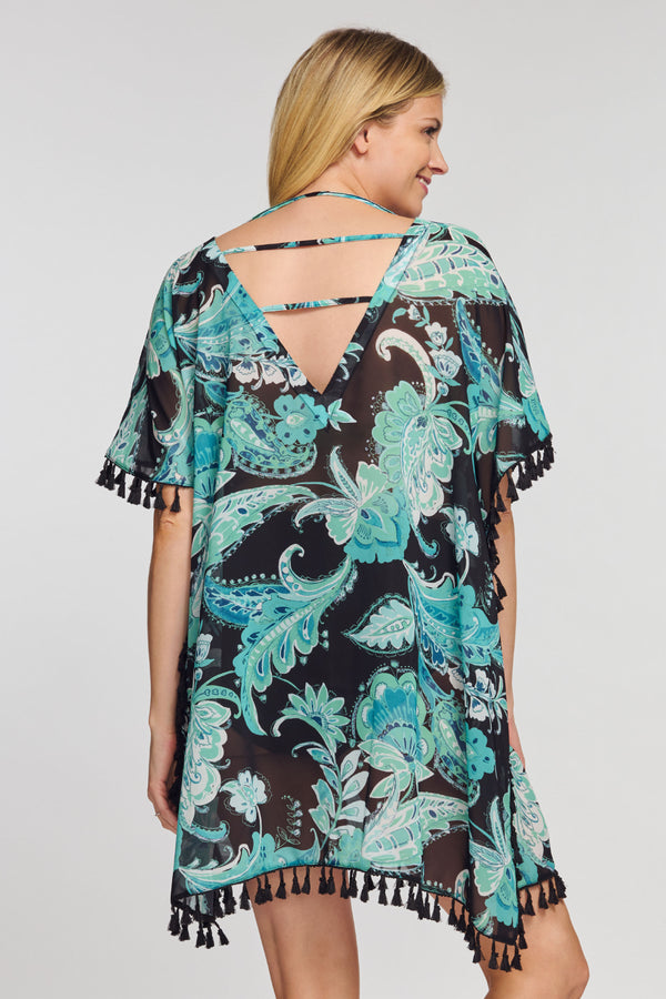 Kaftan Coverup with Tassel Trim in Floral Paisley Mint