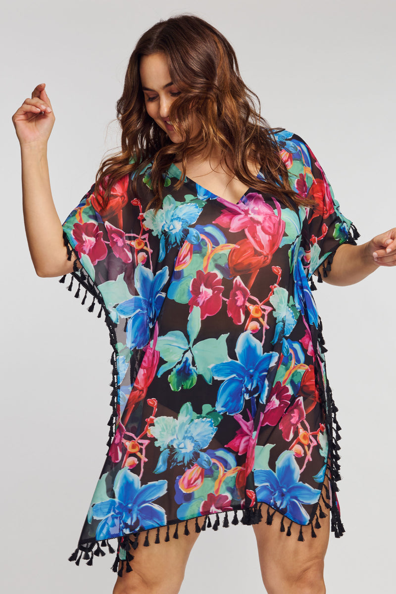 Plus Kaftan Coverup with Tassel Trim in Garden Floral Black