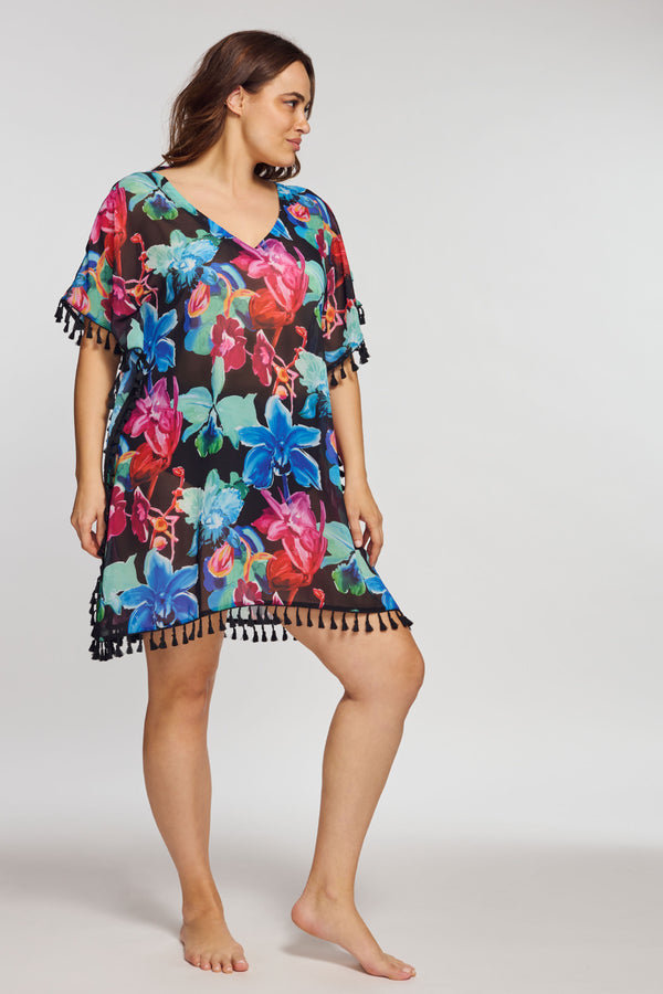 Plus Kaftan Coverup with Tassel Trim in Garden Floral Black