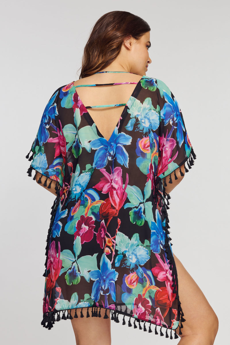 Plus Kaftan Coverup with Tassel Trim in Garden Floral Black