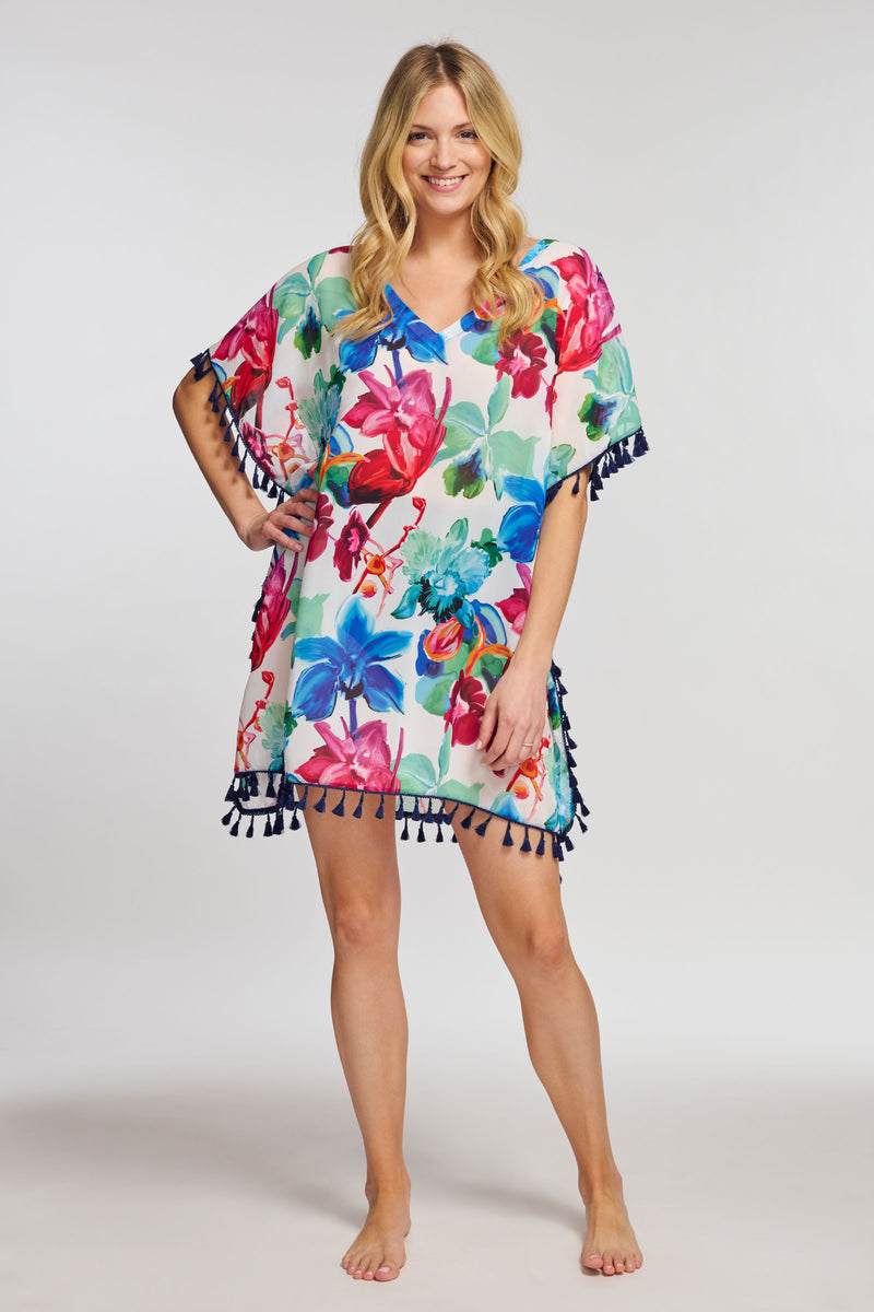 Kaftan Coverup with Tassel Trim in Garden Floral White