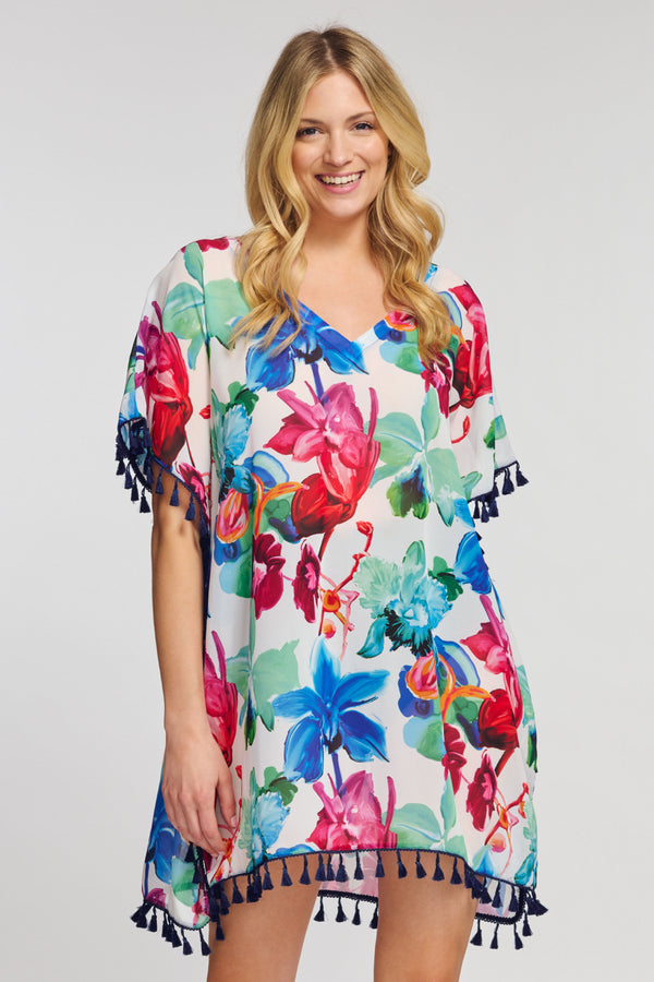 Kaftan Coverup with Tassel Trim in Garden Floral White