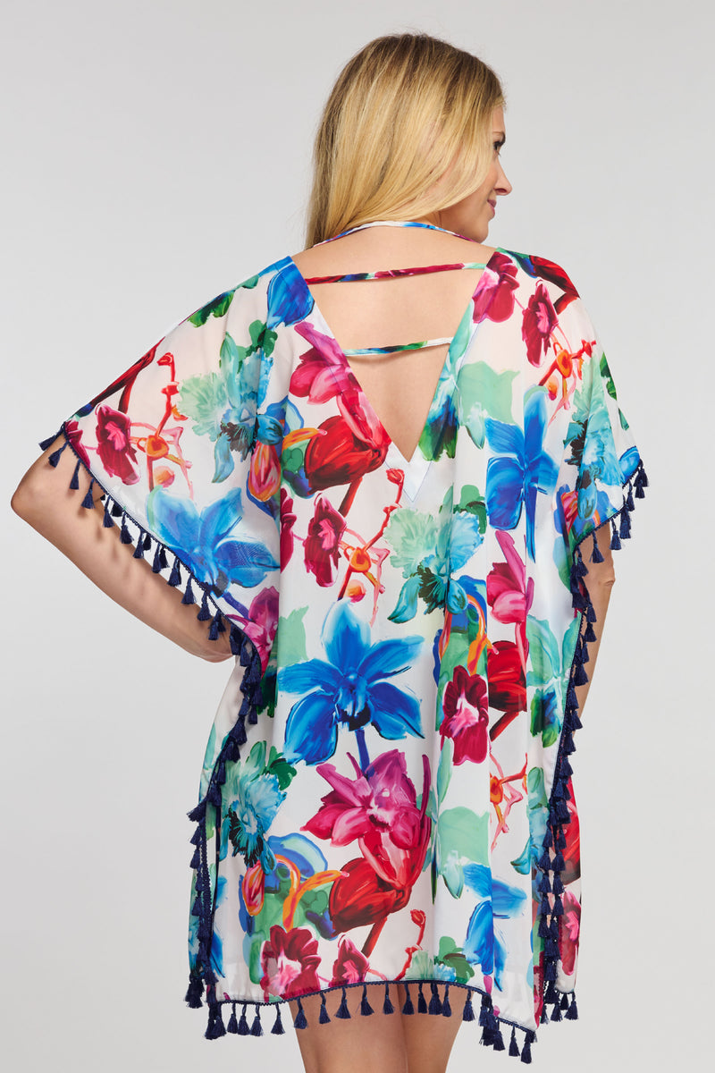 Kaftan Coverup with Tassel Trim in Garden Floral White