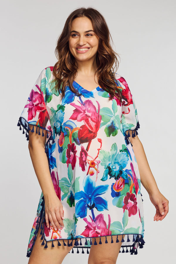 Plus Kaftan Coverup with Tassel Trim in Garden Floral White