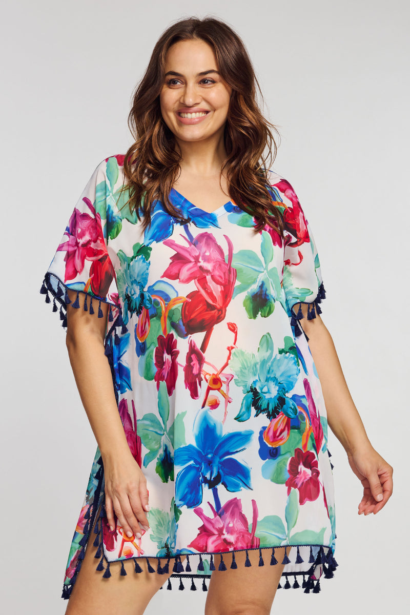 Plus Kaftan Coverup with Tassel Trim in Garden Floral White
