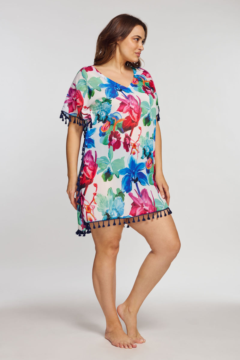 Plus Kaftan Coverup with Tassel Trim in Garden Floral White