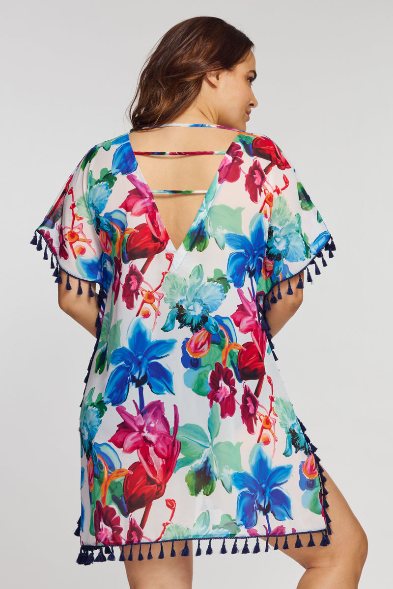 Plus Kaftan Coverup with Tassel Trim in Garden Floral White