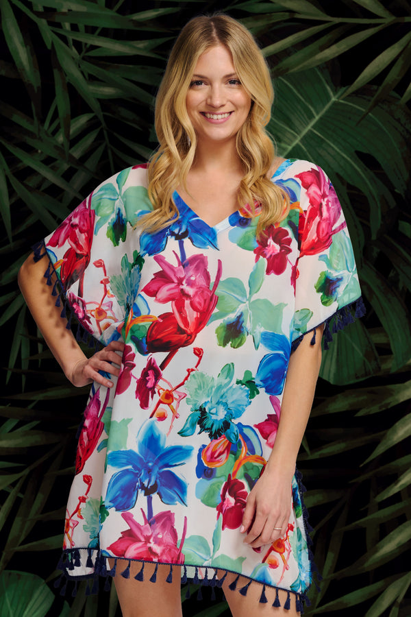 Kaftan Coverup with Tassel Trim in Garden Floral White
