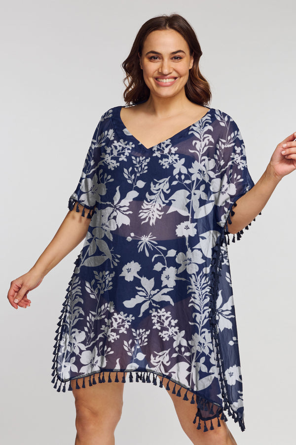 Plus Kaftan Coverup with Tassel Trim in Silhouette Floral