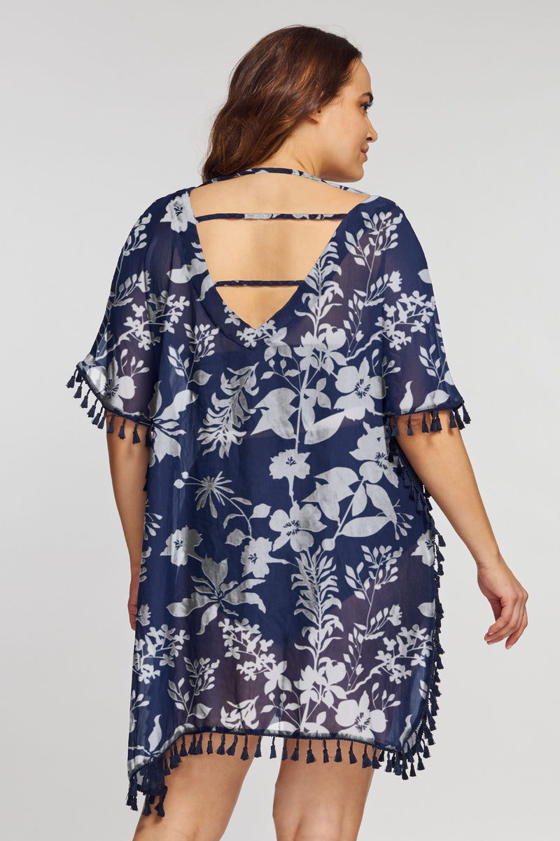 Plus Kaftan Coverup with Tassel Trim in Silhouette Floral