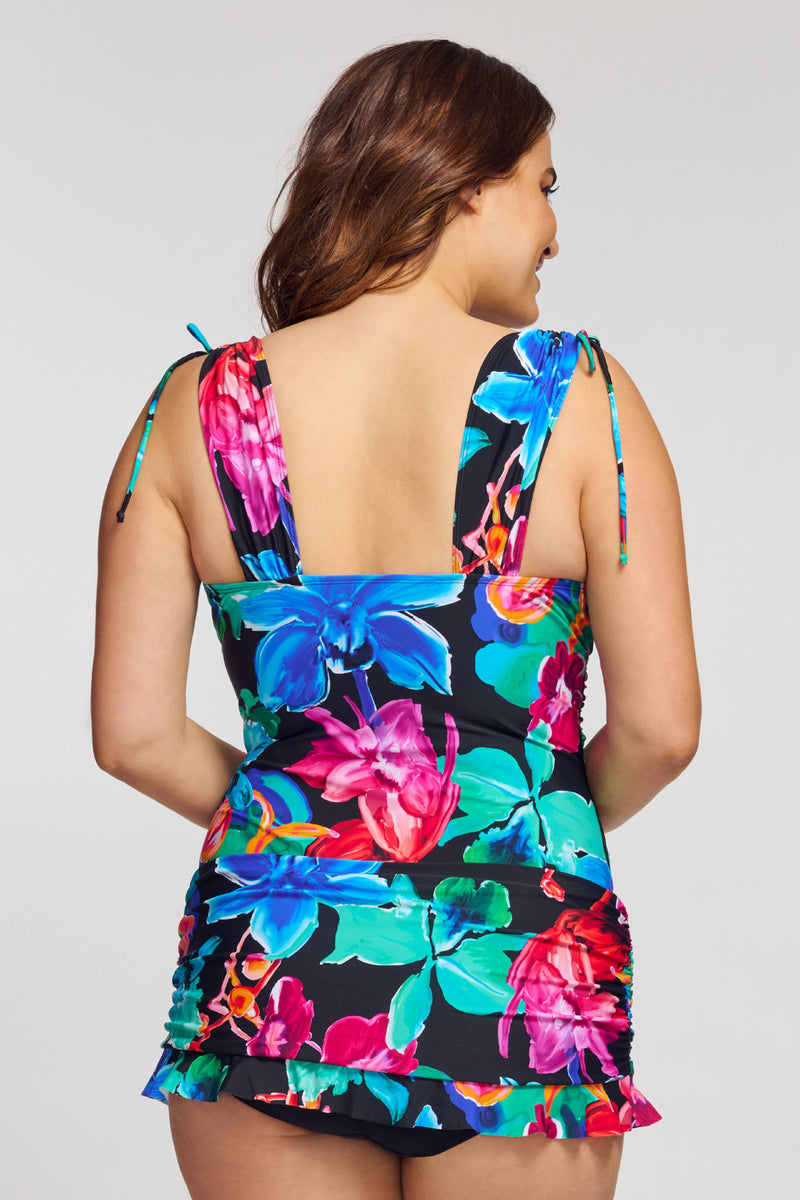 Plus Size Grecian Skater Ruched One Piece Swimdress in Garden Floral Black
