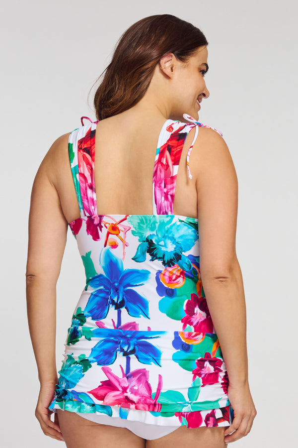 Plus Size Grecian Skater Ruched One Piece Swimdress in Garden Floral White