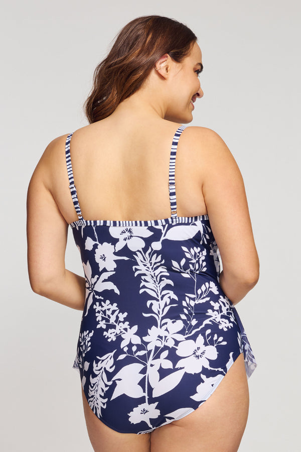 Plus Size Draped Tier Mesh One Piece Swimsuit in Silhouette Floral