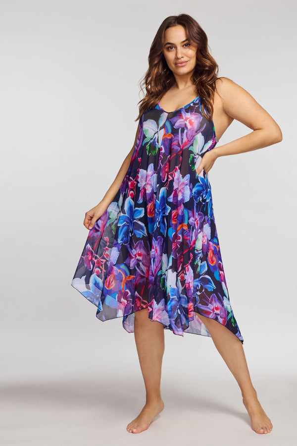 Plus Size Mid Length Flowy Mesh Coverup Tank Dress in Garden Floral