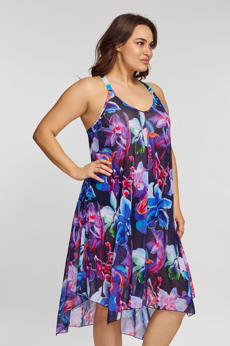 Plus Size Mid Length Flowy Mesh Coverup Tank Dress in Garden Floral