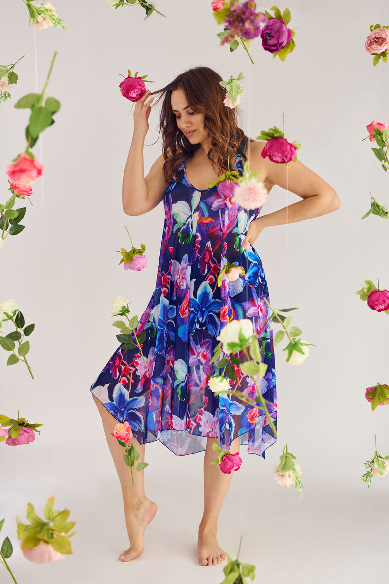 Plus Size Mid Length Flowy Mesh Coverup Tank Dress in Garden Floral
