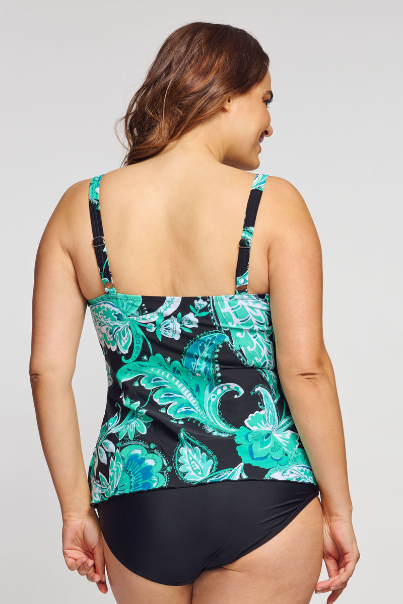 Plus Size Drape Bandeau Tankini Top in Floral Paisley Mint