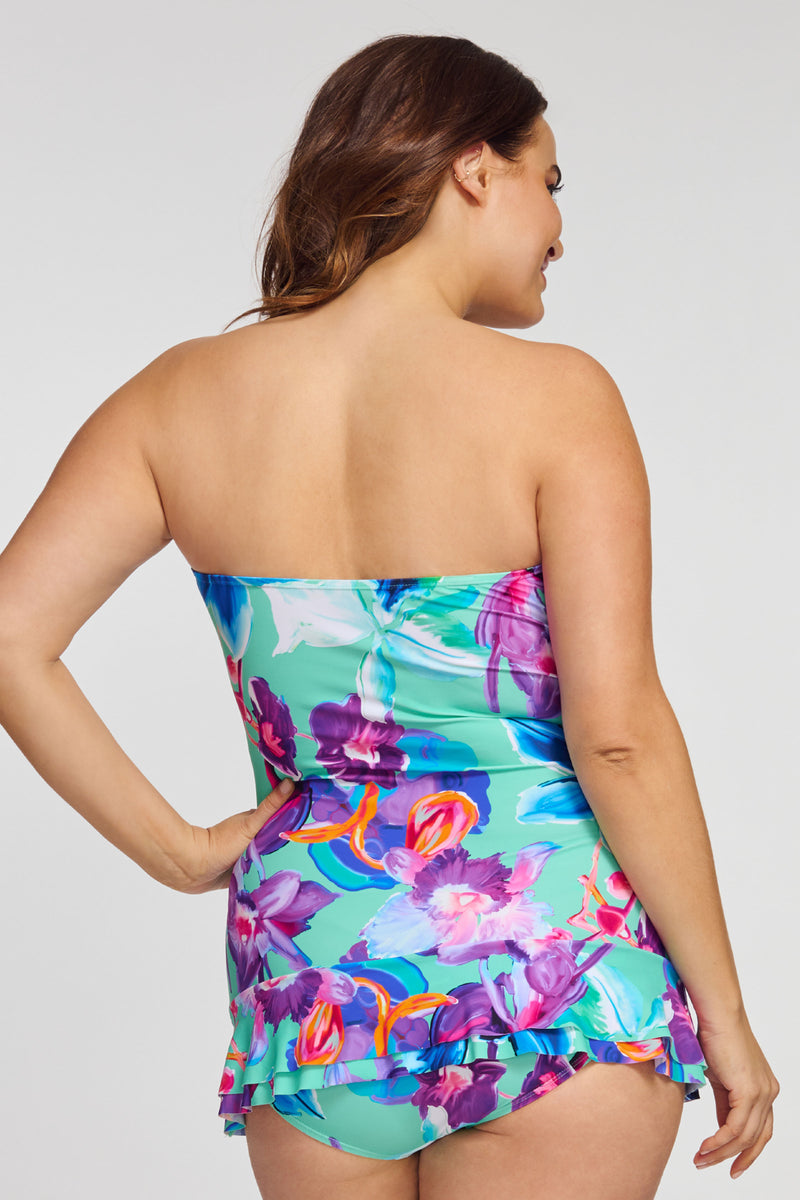 Plus Size Shirred One Piece Skater Swimdress in Garden Floral Mint