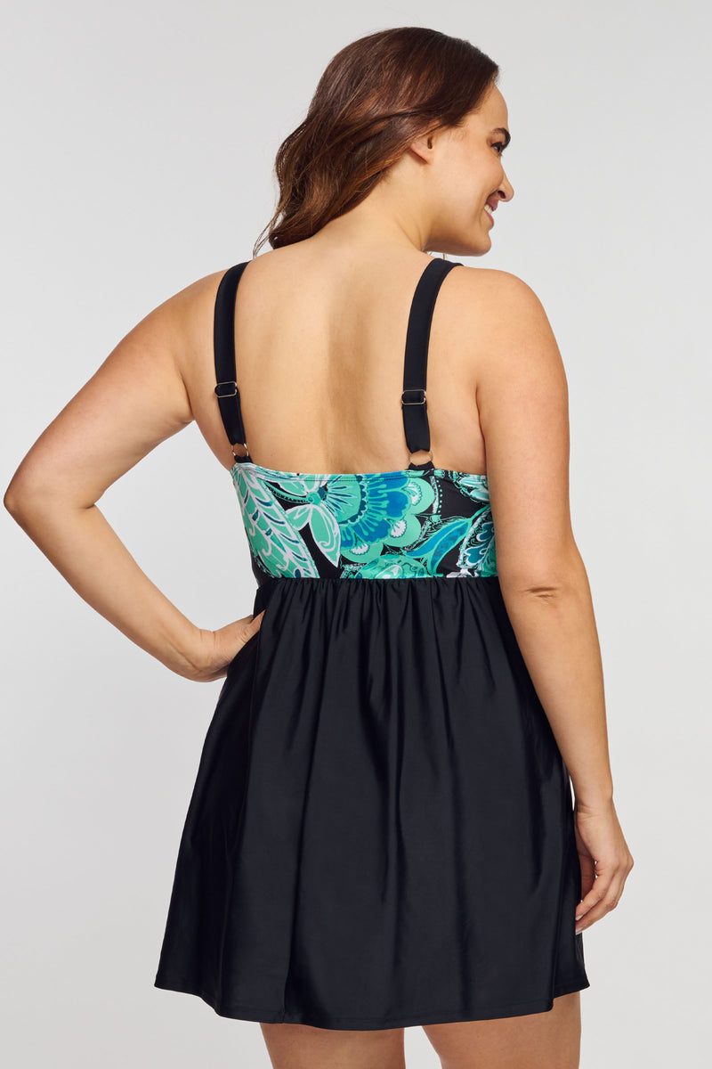 Plus Size Twist Knot One Piece Swimdress in Floral Paisley Mint