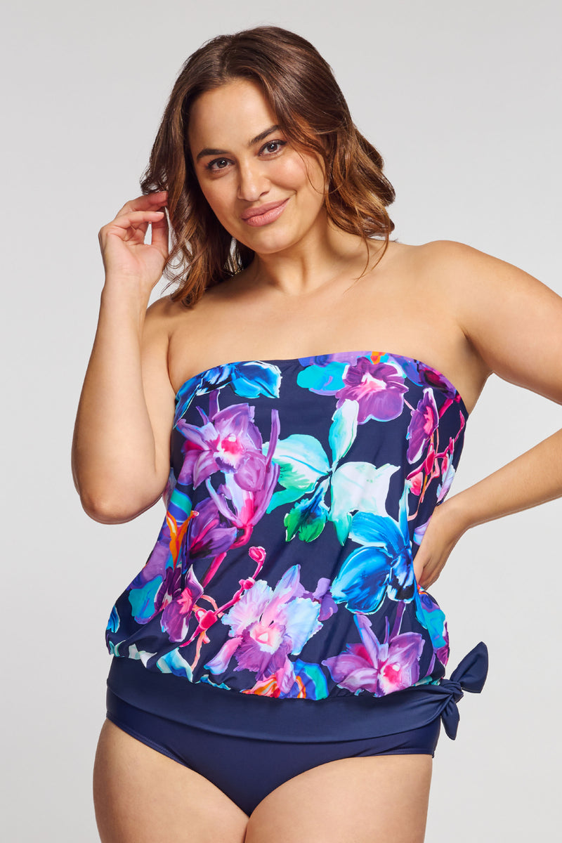 Plus Size Draped Blouson Tankini Top in Garden Floral