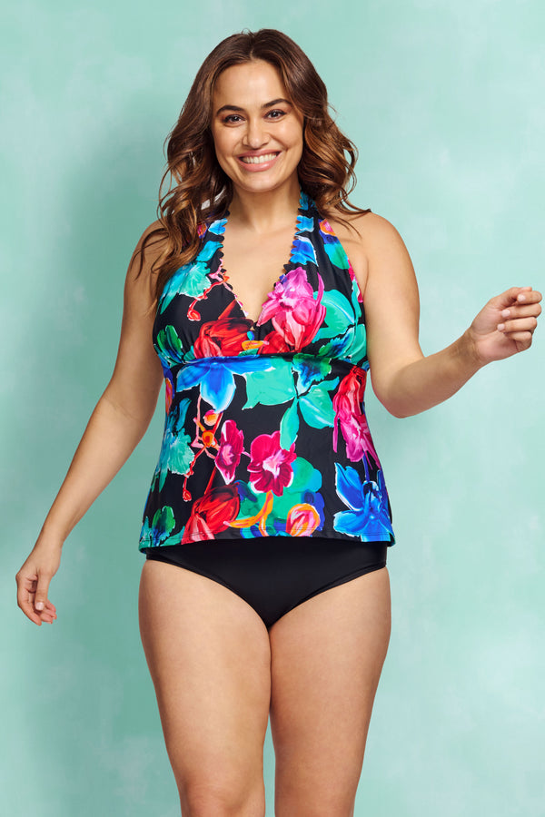 Plus Size Scallop Neckline Halter Tankini Top in Garden Floral