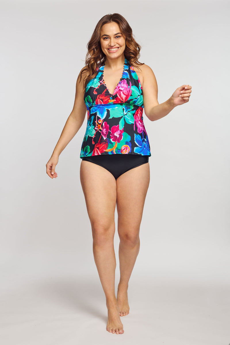 Plus Size Scallop Neckline Halter Tankini Top in Garden Floral